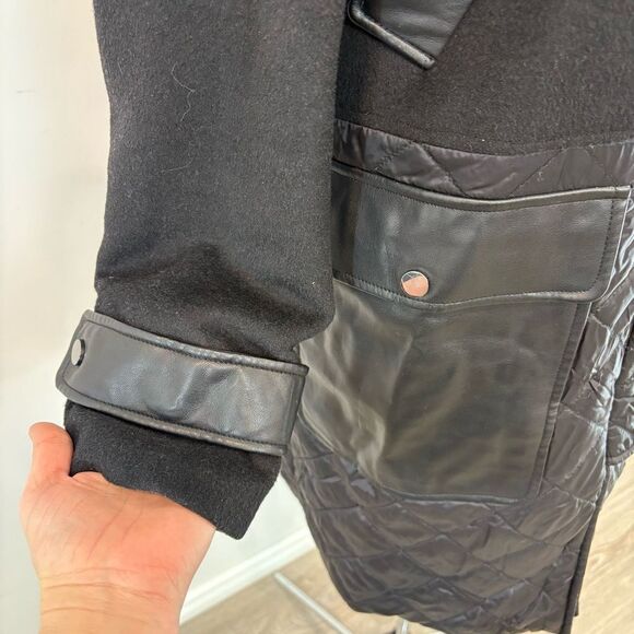 Badgley Mischka Women's Black Wool Leather Puffer Coat sz L - Picture 4 of 14